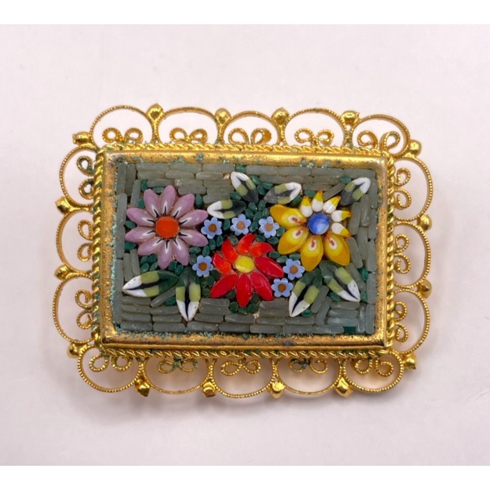 Vintage Italian Micro Mosaic Floral Brooch Filigree Gold Tone Multicolor